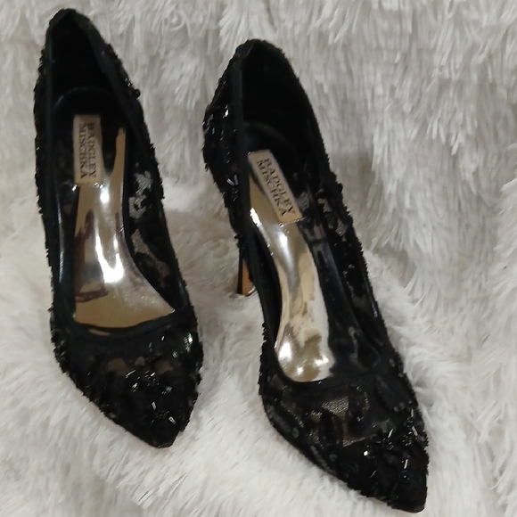 Badgley Mischka Black Sequin Lace Heels - Picture 3 of 9